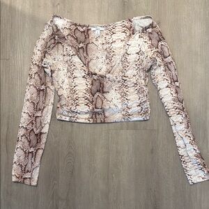 Bar III Brown Cream Snake Print Long Sleeve Crop Top